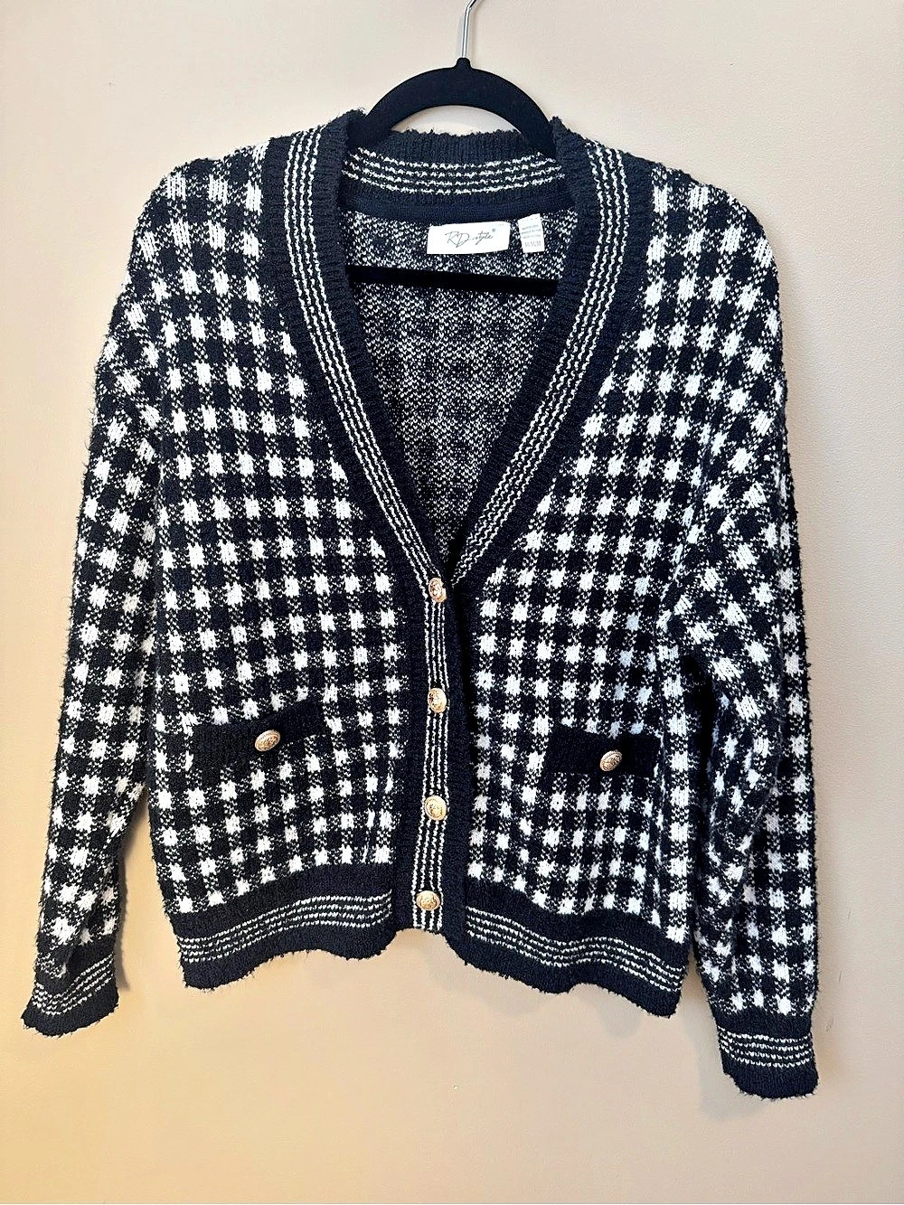 RD STYLE Women's Houndstooth Gold Button Cardigan Black White M Medium